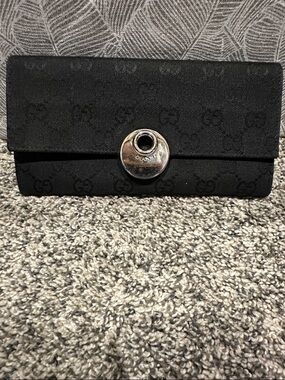 Gucci Black Monogram Canvas Wallet with Silver-Tone Snap